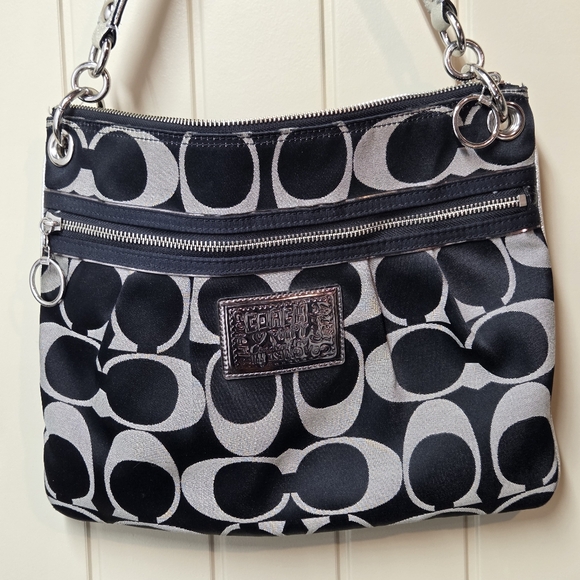 Coach Poppy Signature Sateen Pocket Swing Bag Black & Silver Crossbody Purple - Picture 4 of 13